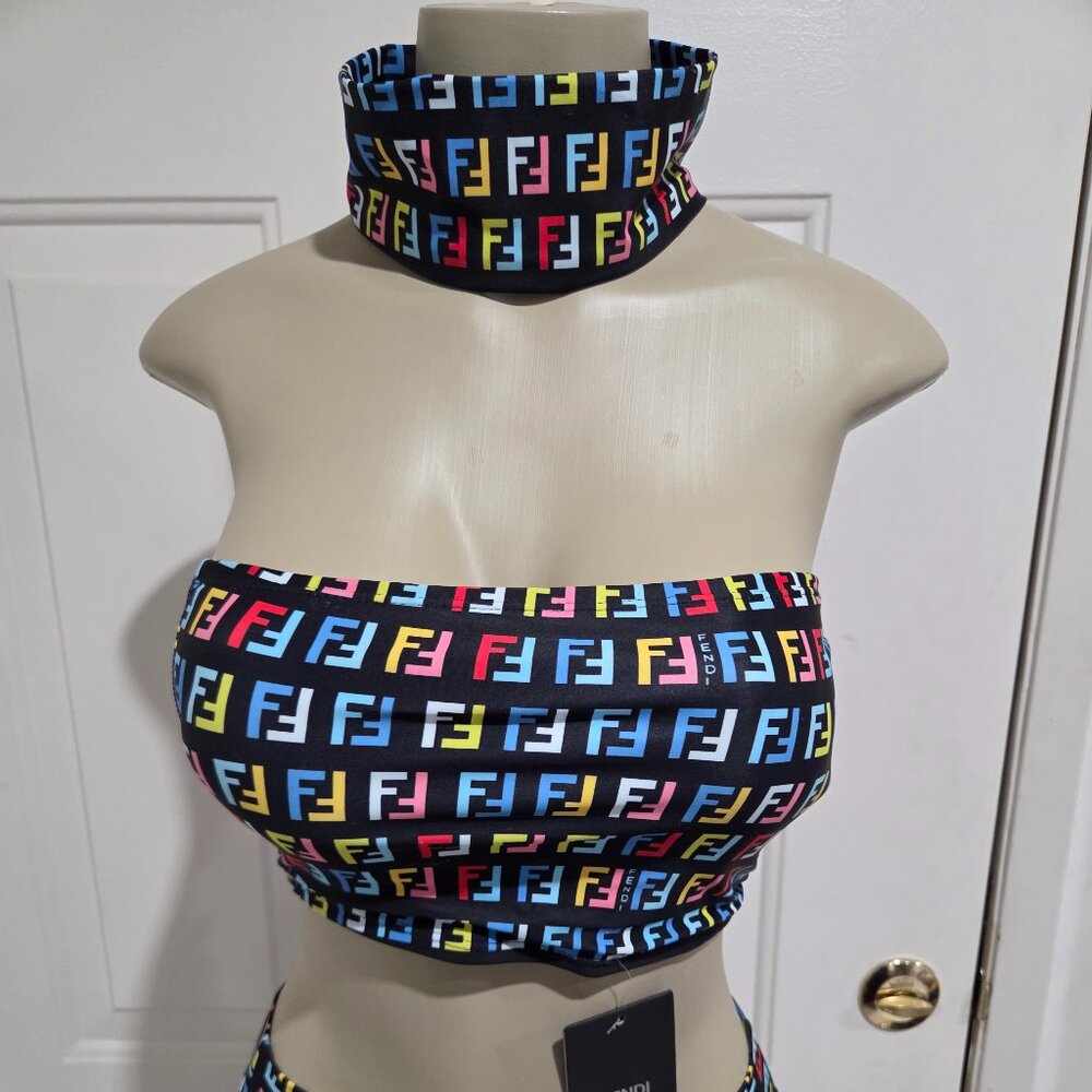 FENDI FF Logo Bandeau Bikini Set w/ Matching Headband – Multicolor – Size M – NE
